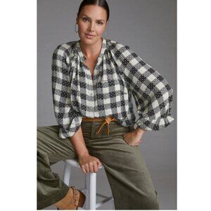 PILCRO ANTHROPOLOGIE Breezy Buttondown Plaid Blouse Top Black White Size S